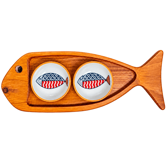 Large Wooden Fish Platter with 2 Bowls