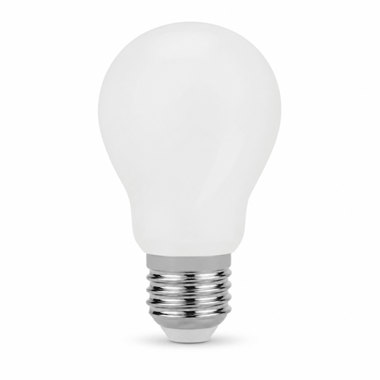 6W A55 frosted LED bulb with E27 base, showcasing a rounded silhouette and chrome base.