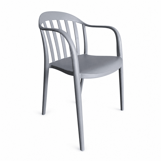 Warm grey dining chair with curved back and vinyl-covered metal legs, showcasing a clean silhouette.