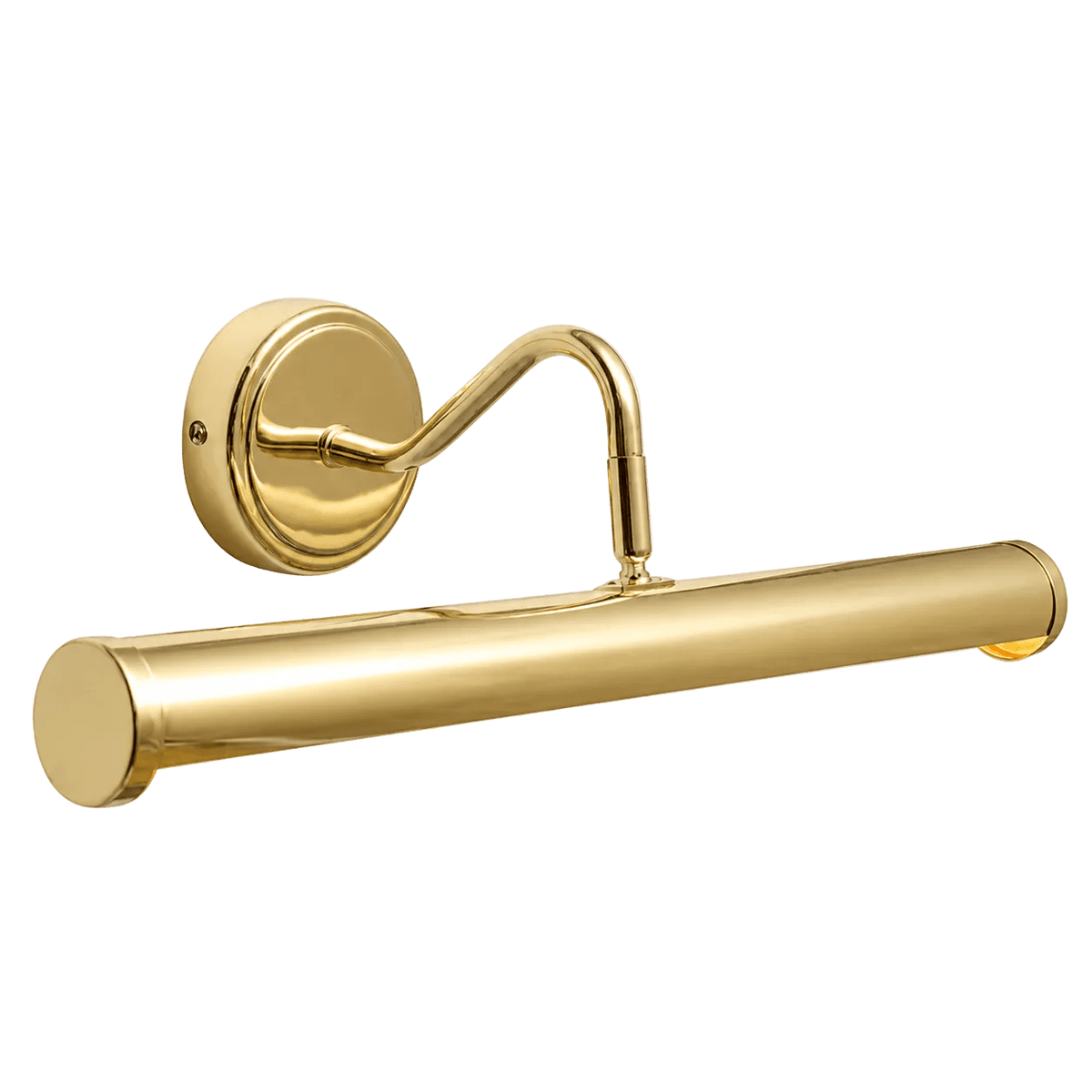 Brass wall light with a cylindrical shade and round backplate, featuring a curved arm for mounting.