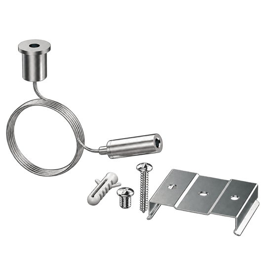 Lighting suspension kit with two metal ceiling fittings, coiled cable, cylindrical connector, screws, wall plug and mounting bracket on transparent background