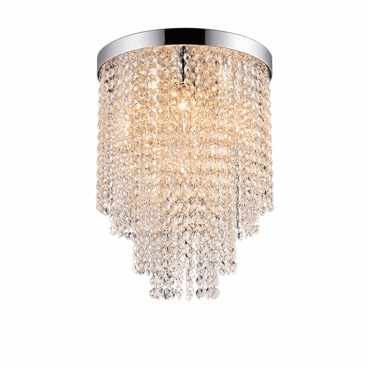 Chrome ceiling light fitting with cascading K9 crystals, featuring five G9 LED bulbs.