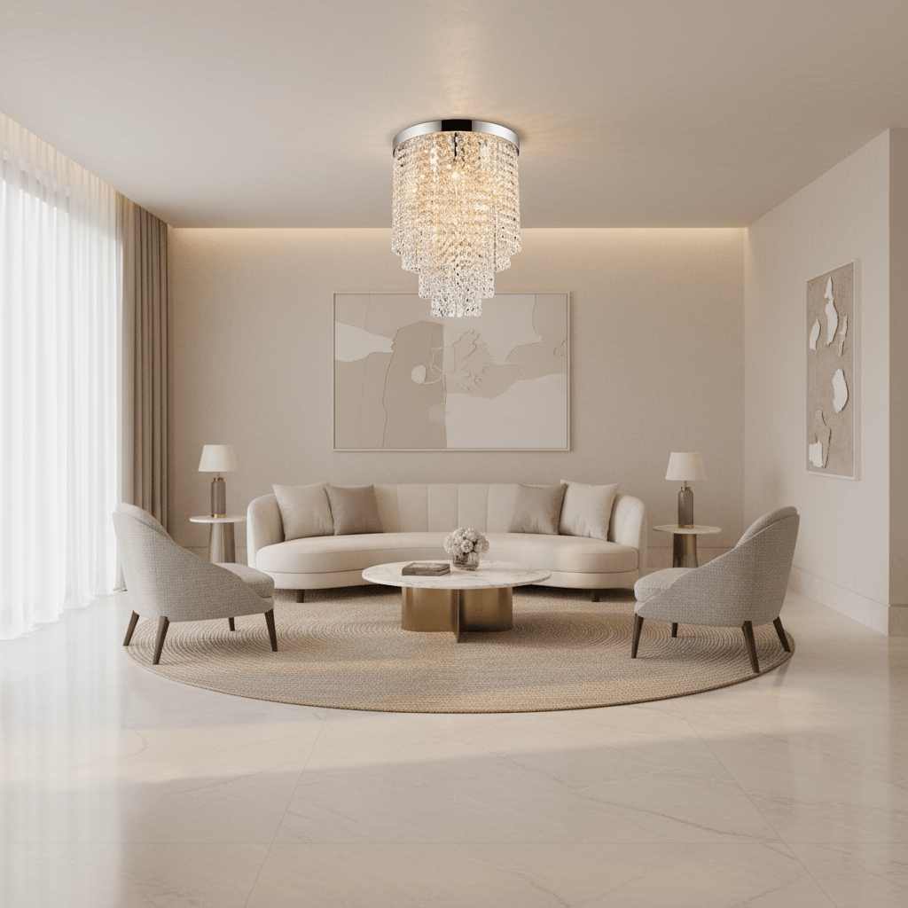Stylish living room featuring a chrome ceiling light with K9 crystals, elegant furniture, and soft lighting.