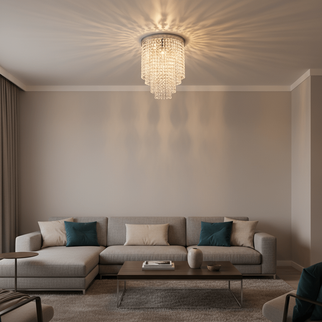 Stylish living room featuring a chrome G9 LED small round K9 crystal ceiling fitting casting elegant light patterns.