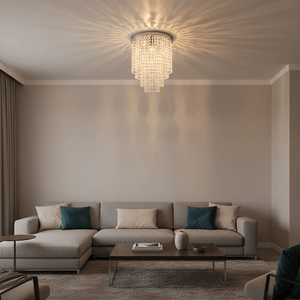 Stylish living room featuring a chrome G9 LED small round K9 crystal ceiling fitting casting elegant light patterns.