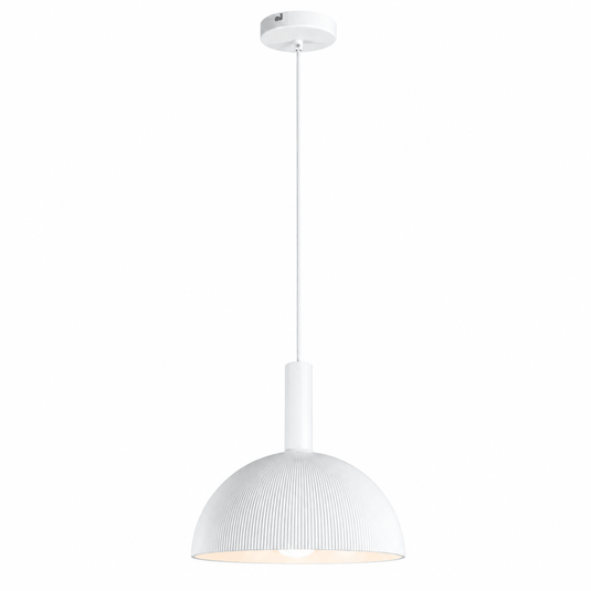White metal pendant light with an acrylic shade, featuring a ribbed design and a long cord.