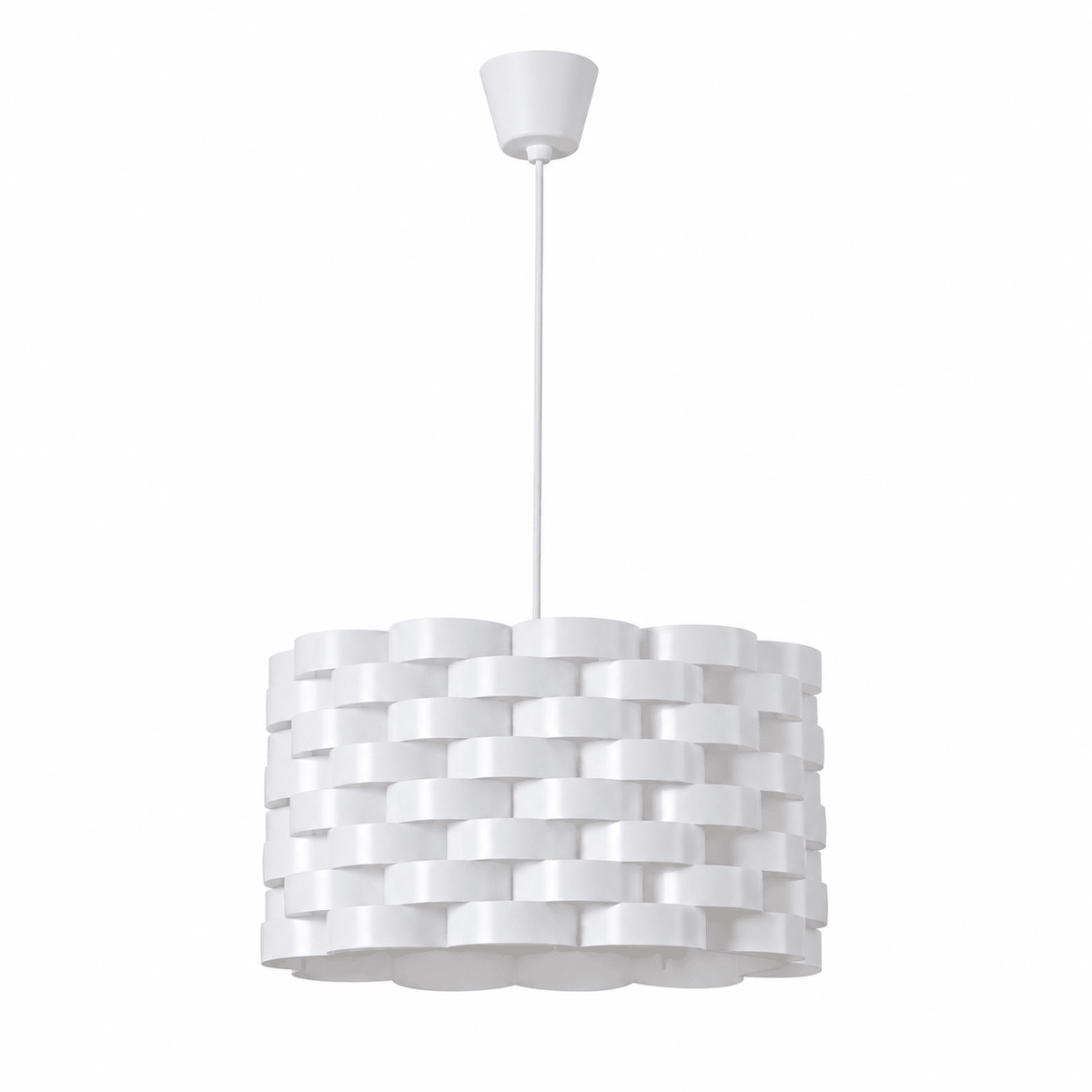 Modern oval pendant light with a woven design, suspended from a white ceiling mount.