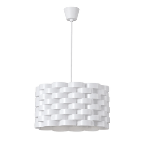 Modern oval pendant light with a woven design, suspended from a white ceiling mount.