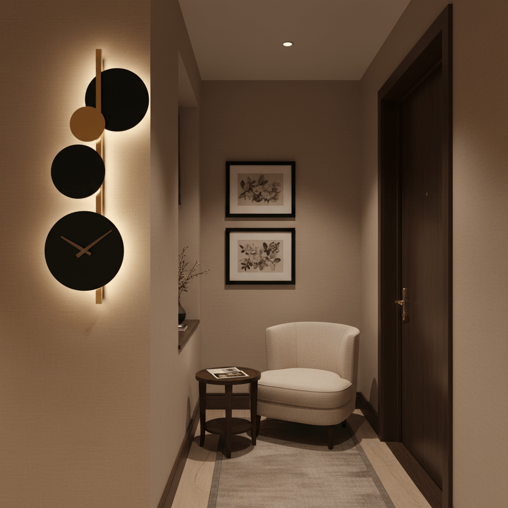 Black and gold wall light with clock illuminating a cozy hallway with a chair and framed artwork.