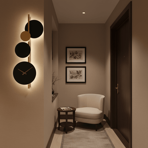 Black and gold wall light with clock illuminating a cozy hallway with a chair and framed artwork.