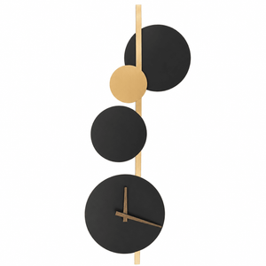 Black and gold wall light featuring integrated clock with circular design elements.