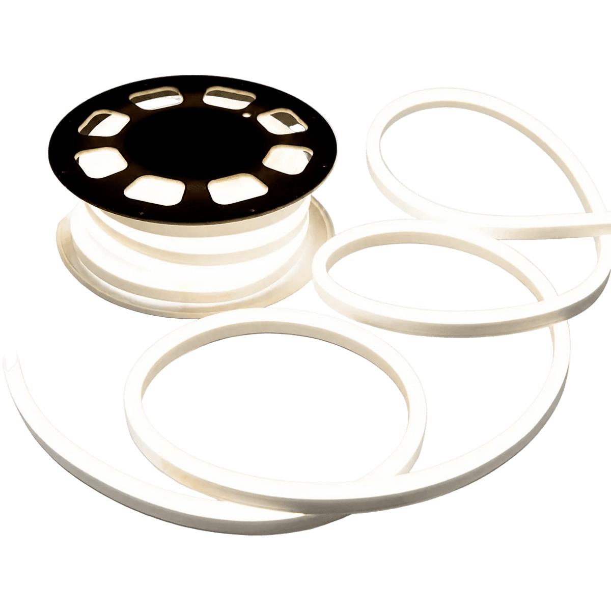 A spool of warm white LED neon flex strip with a black base, coiled and partially unspooled.