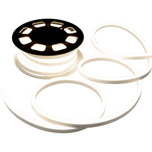 A spool of warm white LED neon flex strip with a black base, coiled and partially unspooled.
