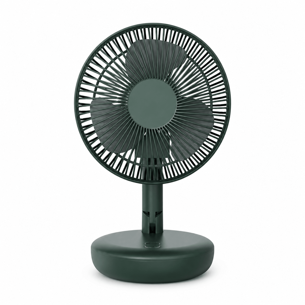 Green rechargeable portable folding desk fan with a sleek design, showcasing the fan blades and base.