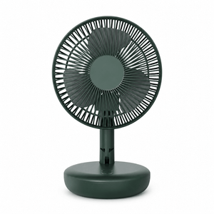 Green rechargeable portable folding desk fan with a sleek design, showcasing the fan blades and base.