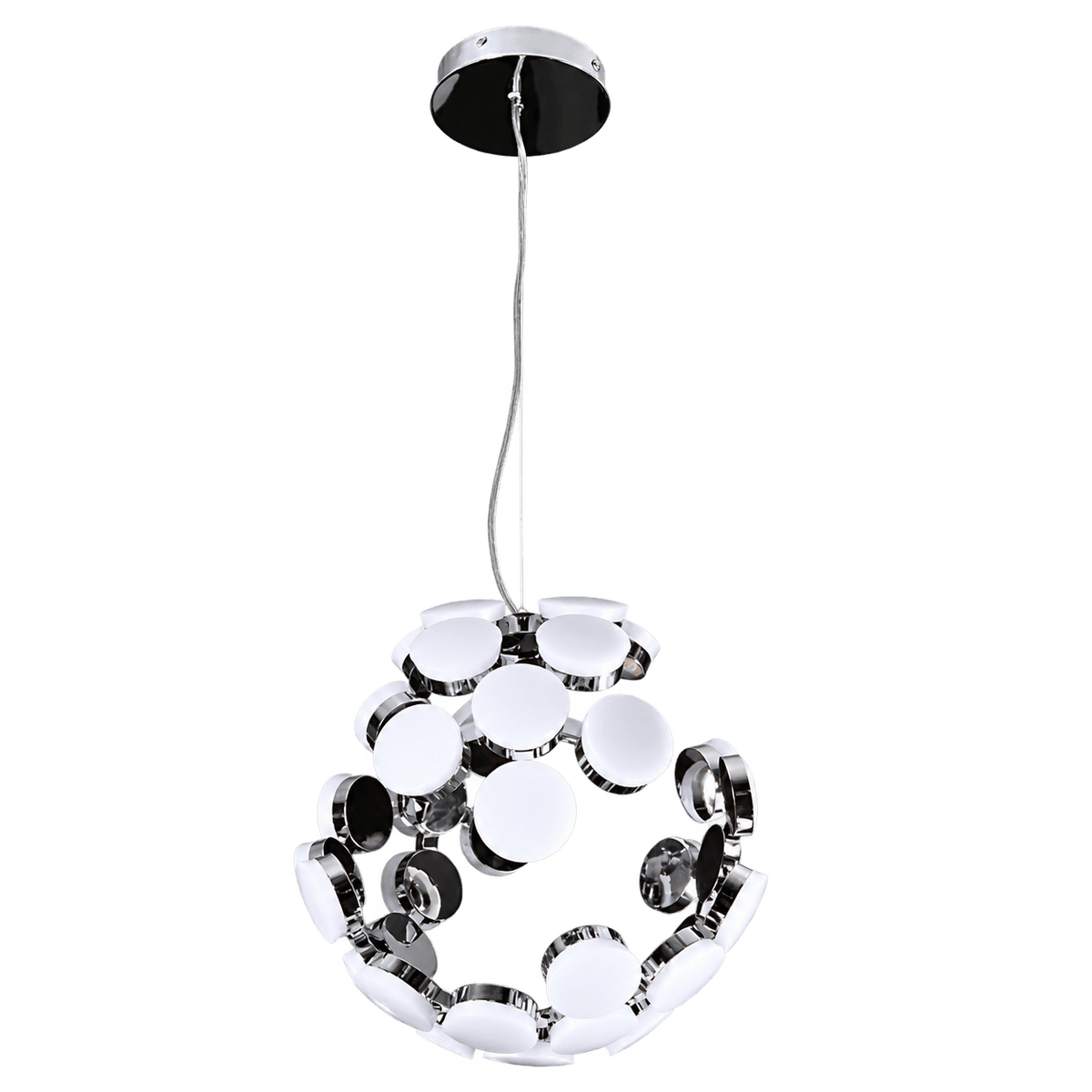 A chrome pendant light with circular white and reflective elements, suspended from a ceiling mount by a thin wire.