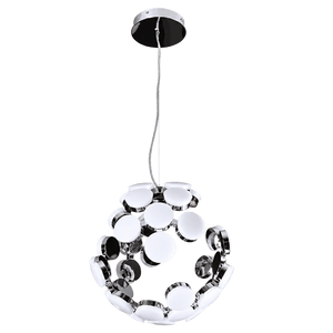 A chrome pendant light with circular white and reflective elements, suspended from a ceiling mount by a thin wire.