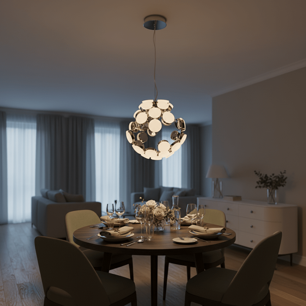 A chrome pendant light with a spherical design hangs above a round wooden dining table set with plates and glasses.