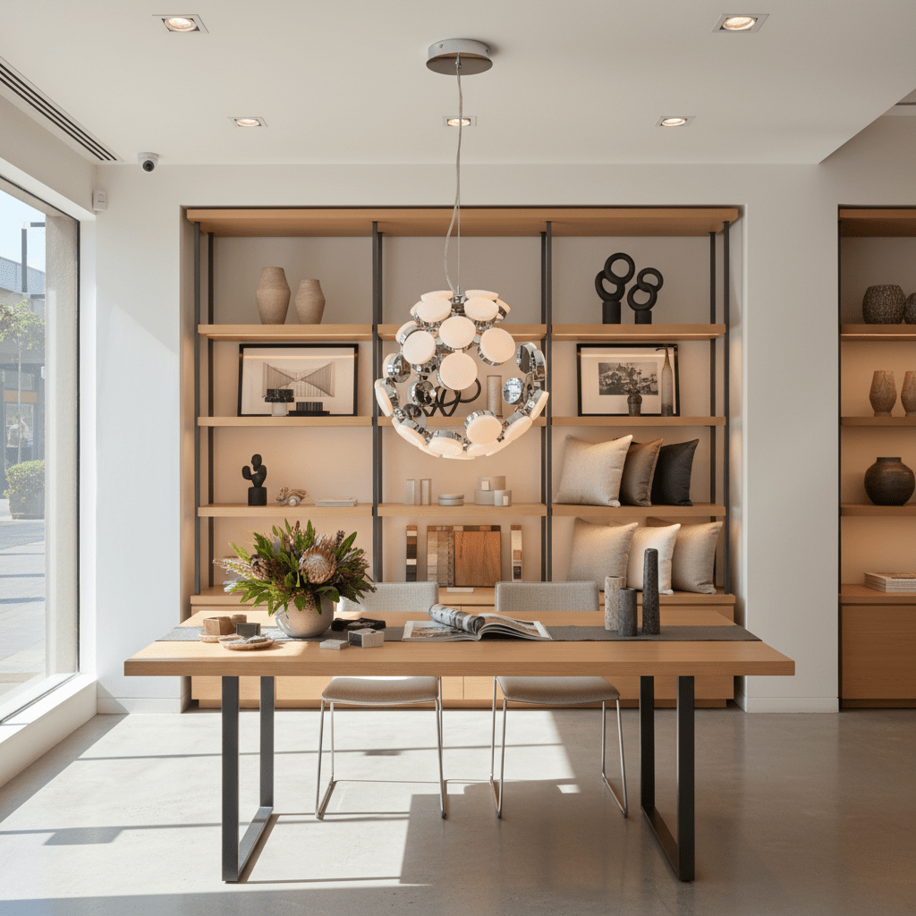 A chrome LED pendant light hangs above a wooden table with neutral chairs, surrounded by decorative shelves.