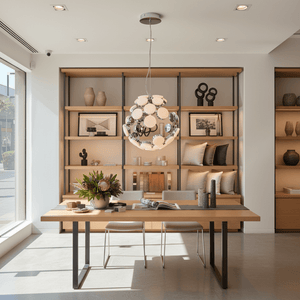 A chrome LED pendant light hangs above a wooden table with neutral chairs, surrounded by decorative shelves.