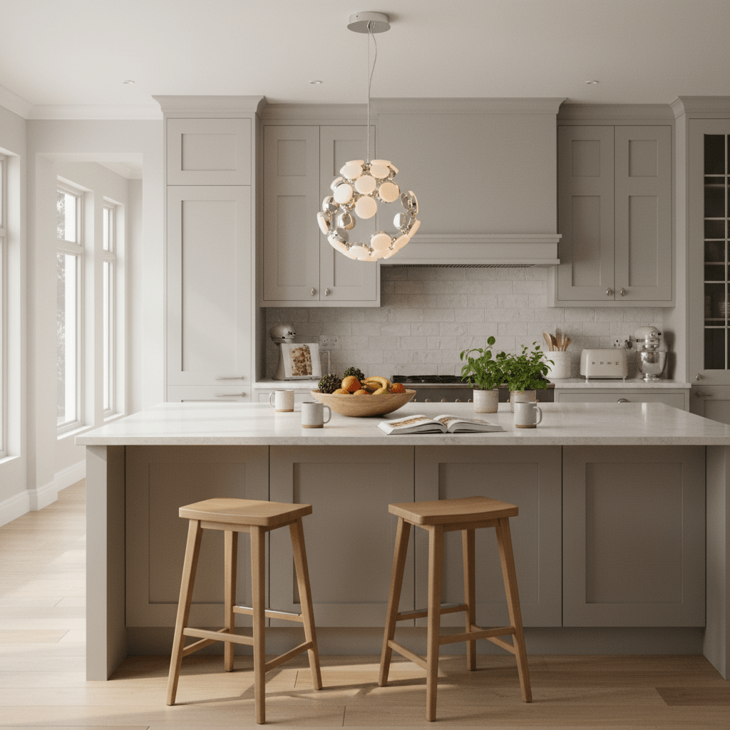 A chrome LED pendant light hangs above a kitchen island with two wooden stools, surrounded by light gray cabinetry and a fruit bowl.