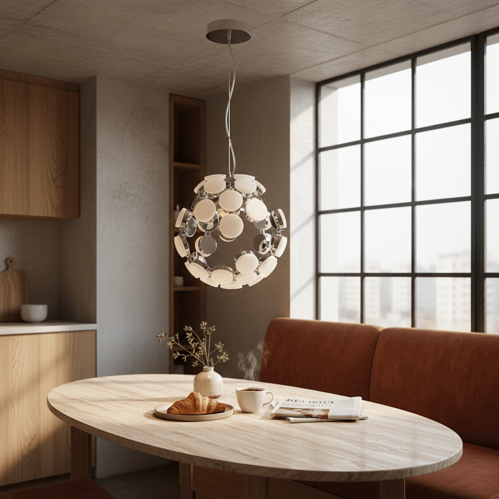 A chrome pendant light with a spherical design hangs above a round wooden table, surrounded by a cozy setting.