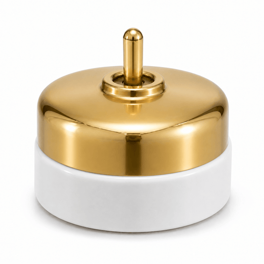 Heritage brass and porcelain switch with polished brass top and white porcelain base.
