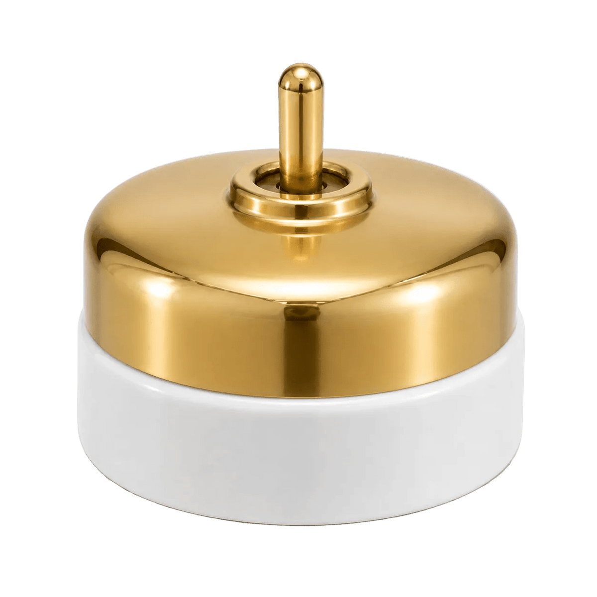 Polished gold top with a central toggle, resting on a white porcelain base.