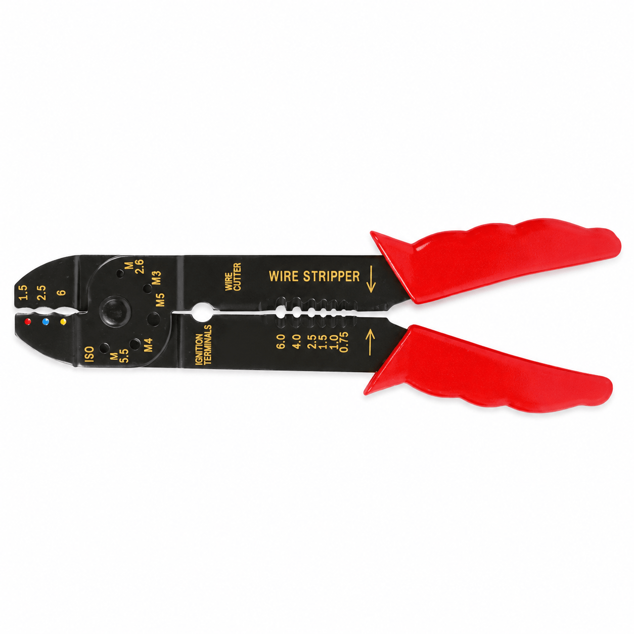 4-in-1 crimping tool with red handles and black body, featuring wire stripping and cutting sections.