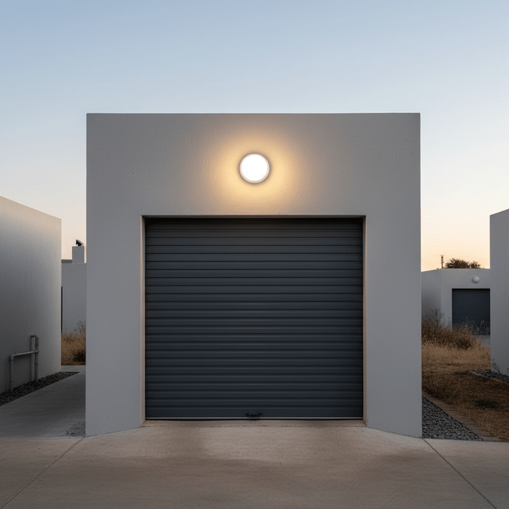 Outdoor scene featuring a round white LED bulkhead light mounted above a garage door, providing illumination.