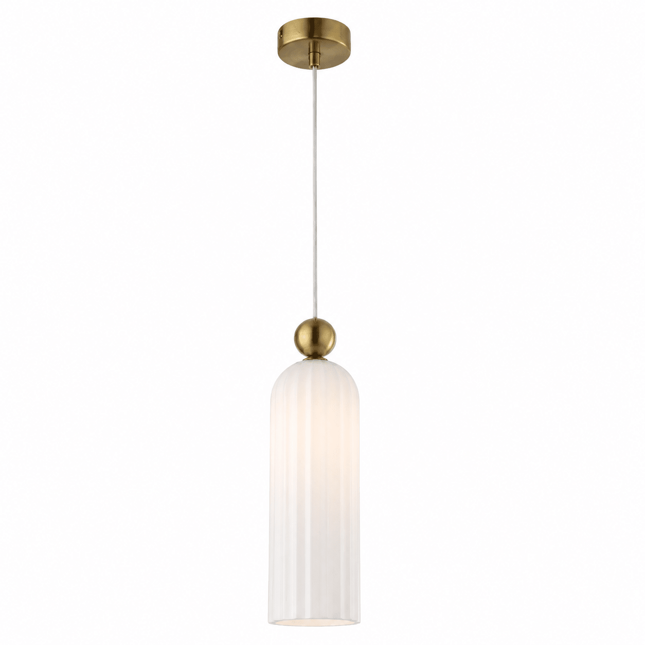 Fluted white-glass pendant light with gold trim, suspended from a ceiling mount.
