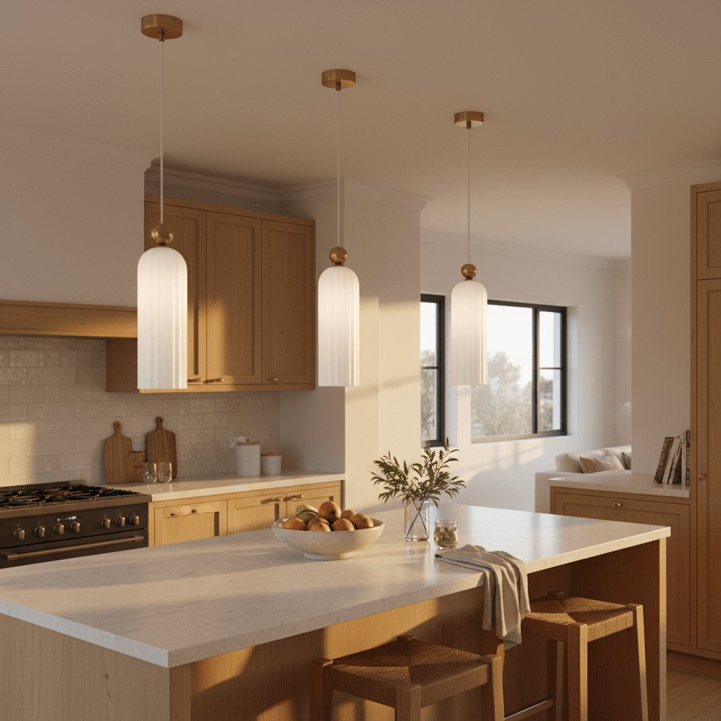 Three Antic White & Gold Pendant Lights hanging over a kitchen island with wooden cabinetry and a bowl of fruit.