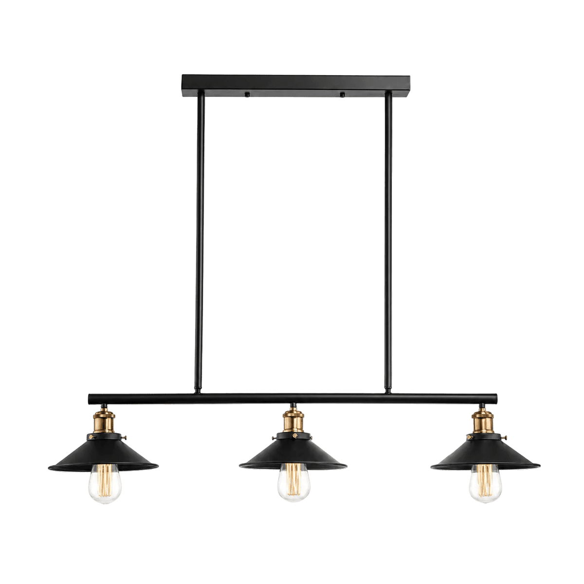 Black and brass pendant light with three conical shades and exposed bulbs, suspended from a rectangular ceiling mount.