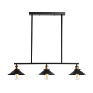 Black and brass pendant light with three conical shades and exposed bulbs, suspended from a rectangular ceiling mount.