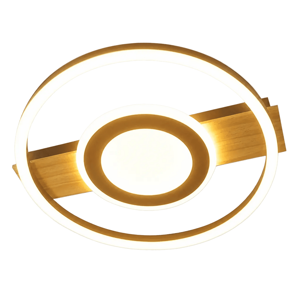 A circular ceiling light with a central white disc, surrounded by a gold ring and a wooden base.