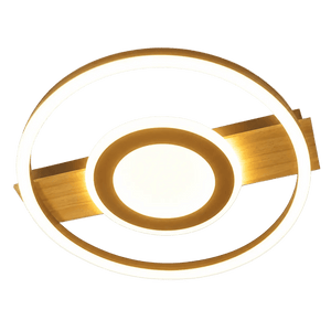 A circular ceiling light with a central white disc, surrounded by a gold ring and a wooden base.