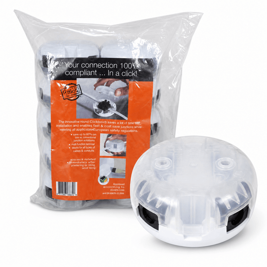 Pack of 10 transparent and white 4-way clip-over junction boxes displayed in a plastic bag.