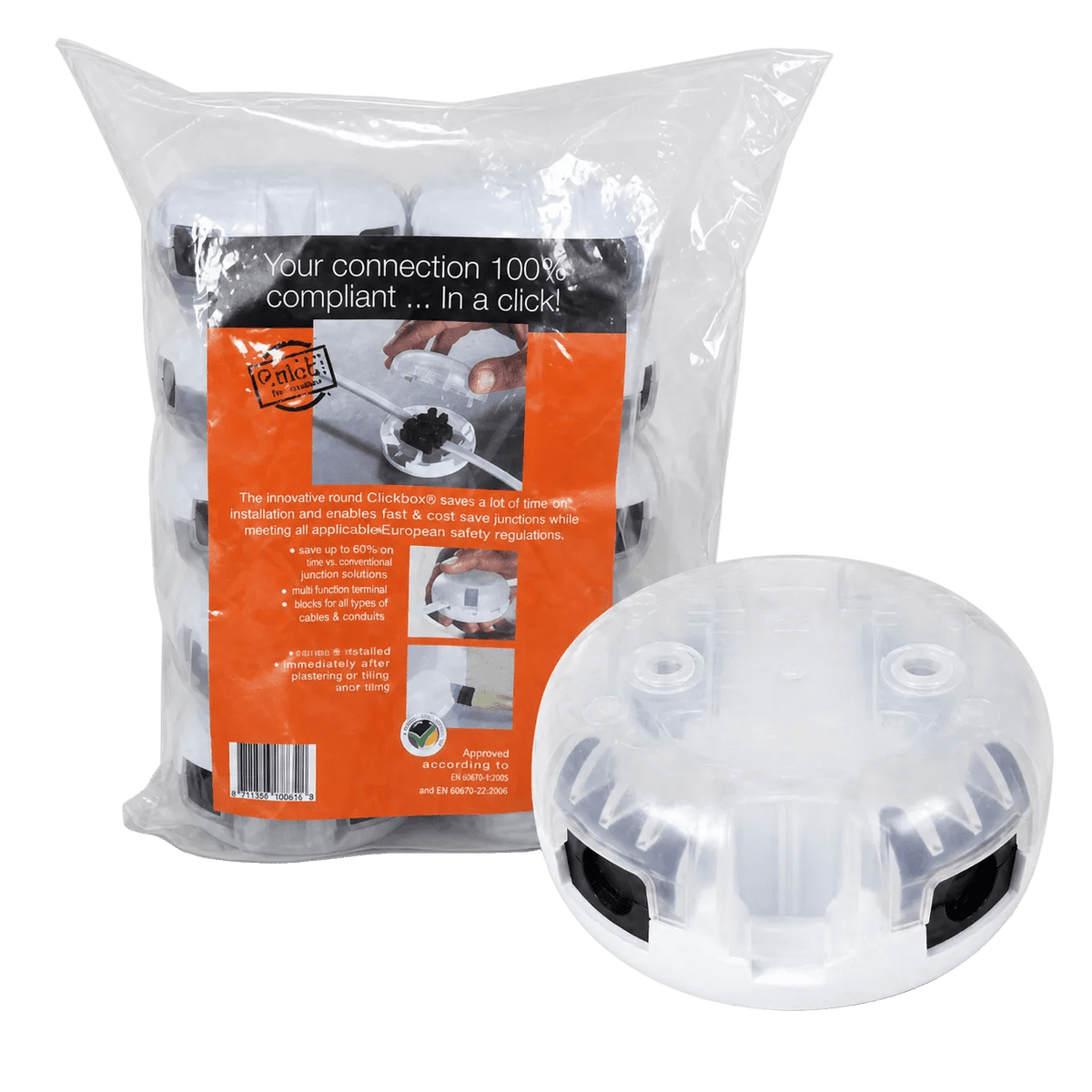 Clear plastic packaging containing ten white junction boxes, with an orange label displaying product information.