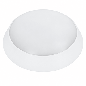 Round white bulkhead light with a smooth, dome-shaped surface and a wide, flat base.
