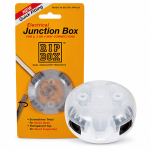 Ripbox electrical junction box displayed with packaging, showcasing transparent design and quick fitting feature.