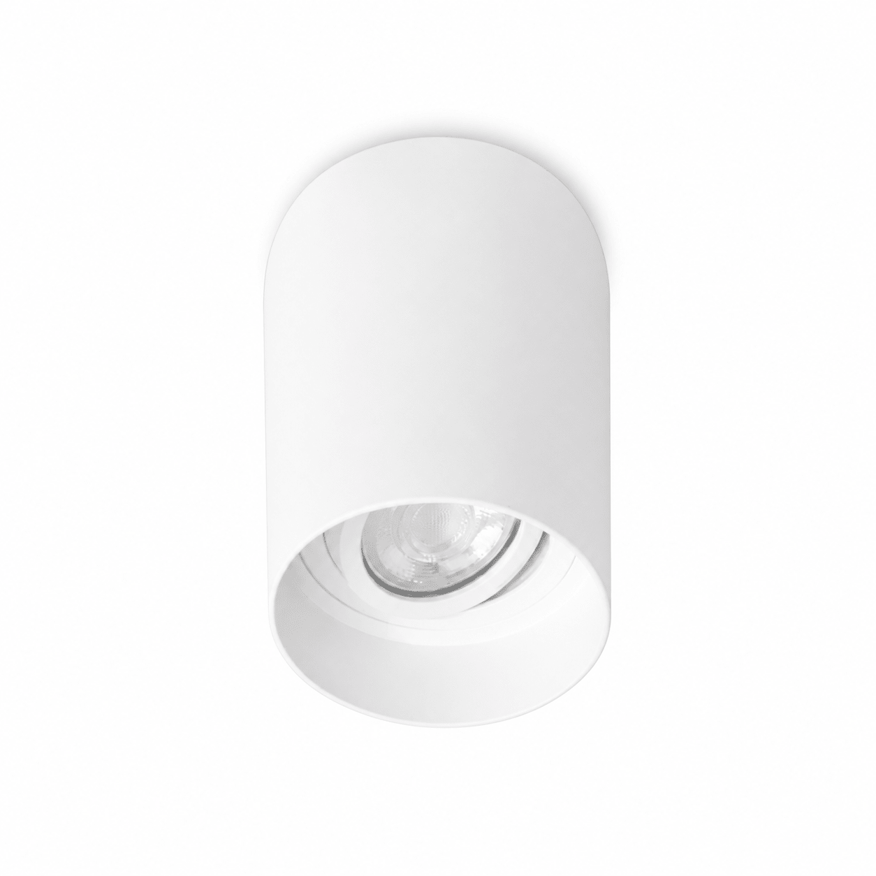 White adjustable surface-mounted GU10 downlight with a round design and angled light direction.