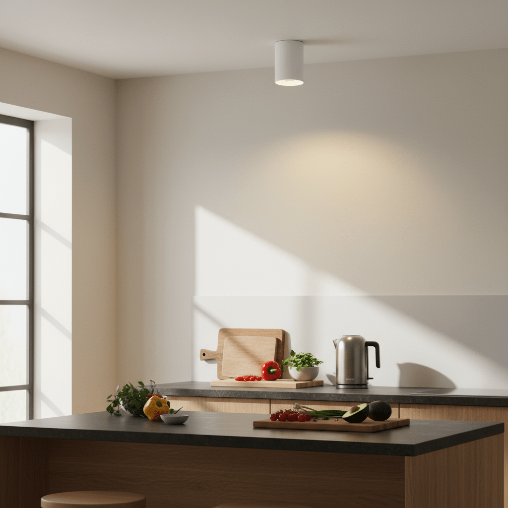 White adjustable surface-mounted downlight illuminating a kitchen countertop with fresh vegetables and a kettle.