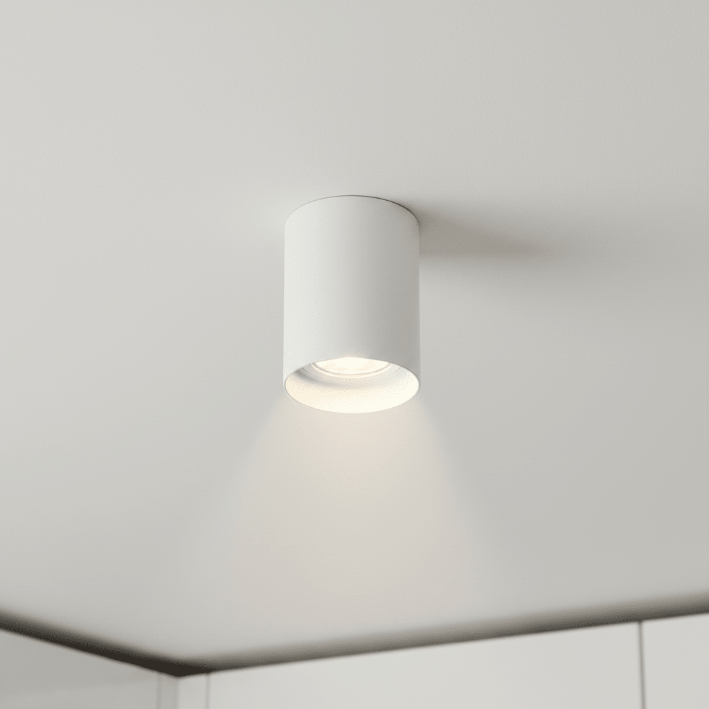 Close-up of a white adjustable surface-mounted GU10 downlight installed on a ceiling, illuminating a kitchen area.