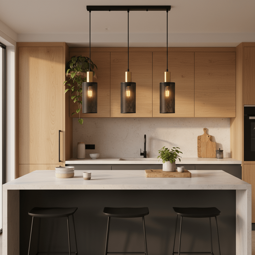 Chaluma Trio black and gold mesh pendant light hanging over a modern kitchen island with bar stools.