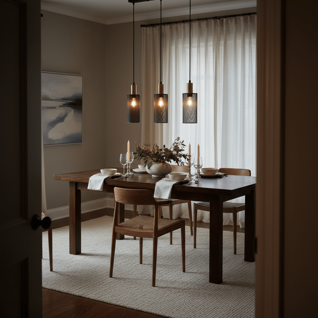Chaluma Trio black and gold mesh pendant light above a wooden dining table set with plates and candles.