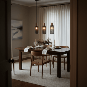 Chaluma Trio black and gold mesh pendant light above a wooden dining table set with plates and candles.