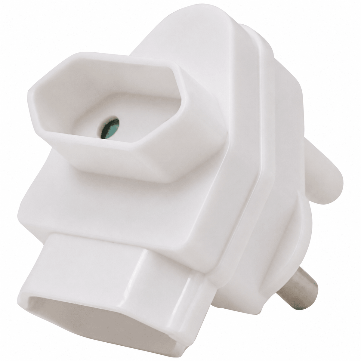 Close-up of the RSA Twin Euro Adaptor, showcasing dual Euro sockets and a South African plug.