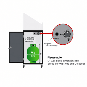 Detailed view of Fire Cube space heater showing LP gas cylinder placement and control panel.