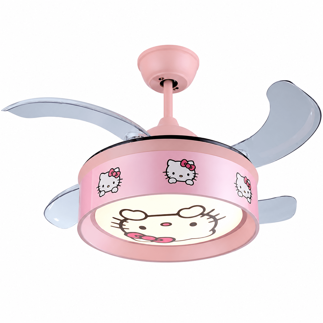 Hello Kitty pink retractable LED ceiling fan with playful design and clear blades.