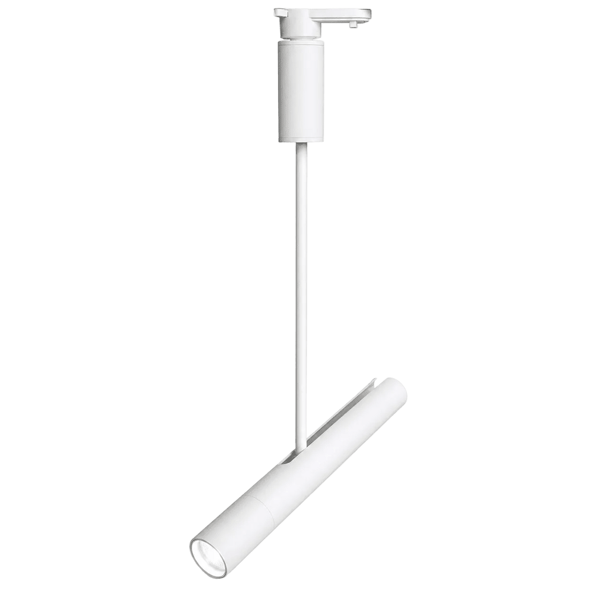 White track light with a cylindrical shade and a straight mounting arm, featuring a sleek, modern design.